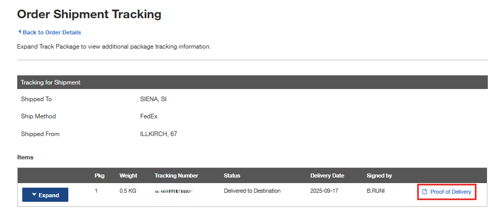 Order Shipment Tracking page on Fisher Scientific's website with shipment and item tracking information. Includes options to expand for more details.