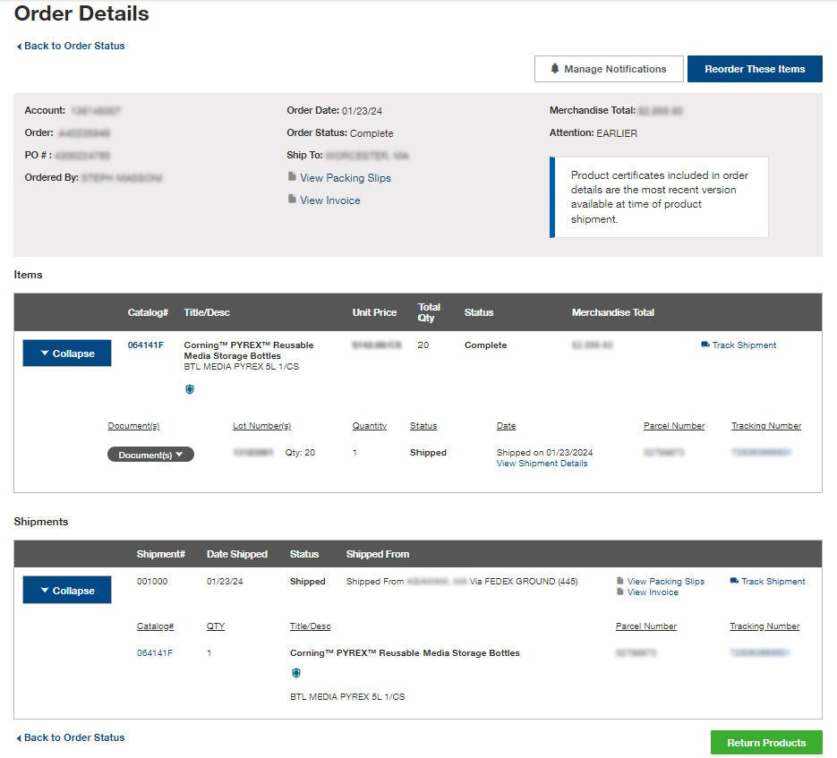 Order Details page on Fisher Scientific's website with order and shipment information. Includes options for managing notifications, reordering items, viewing packing slips, and tracking shipments. 'Return Products' button is present.